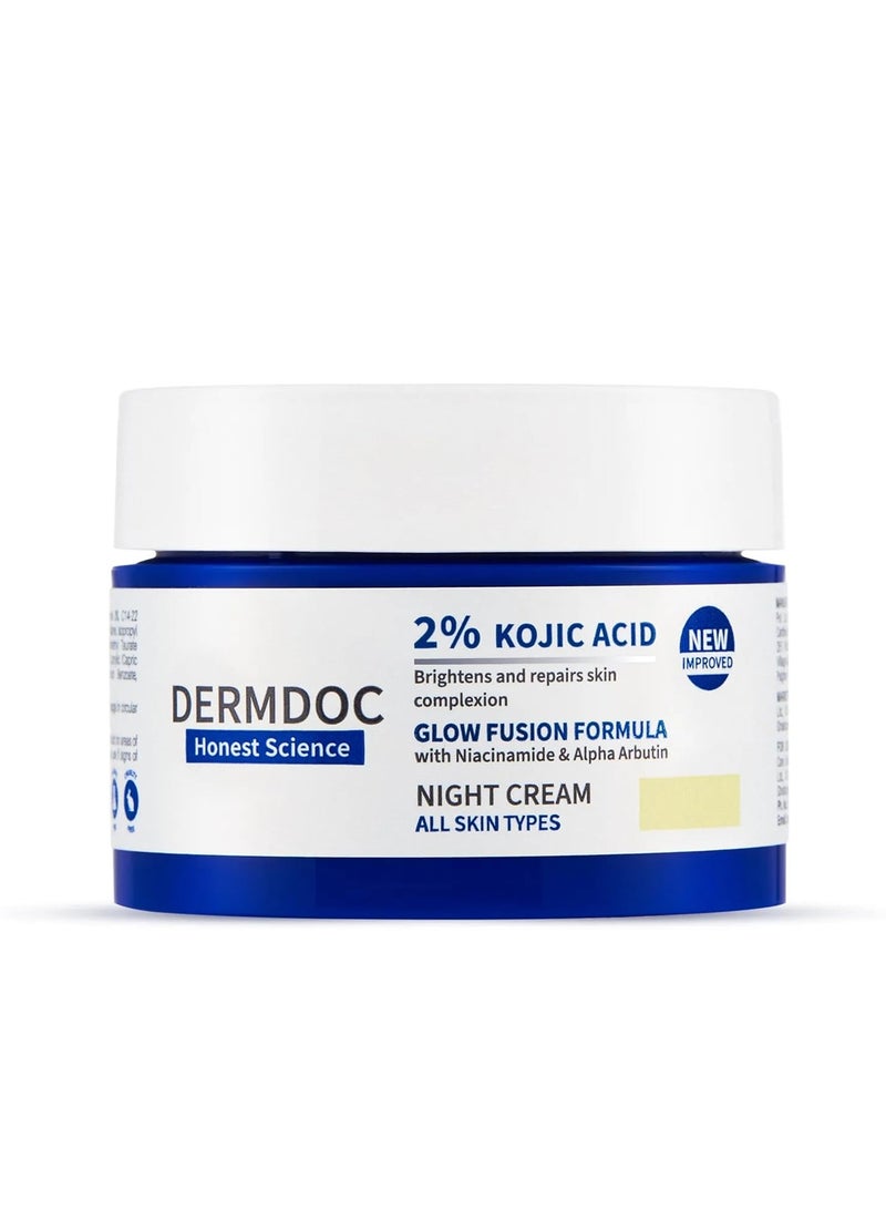 DERMDOC 2% Kojic Acid Glow Fusion Formula Night Cream with Niacinamide & Alpha Arbutin for Skin Brightening (50 gm) | Face Cream I Night Cream I Kojic Acid Brightening Cream I Glowing Skin - Image 1