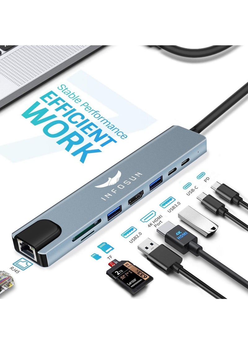Generic INFOSUN USB C Hub Adapter, Type C Dongle, 8 in 1 USB-C to 4K HDMI Multiport Converter Station with RJ45 Ethernet, USB 3.0, 100W PD, SD/TF Card Reader  - Image 2