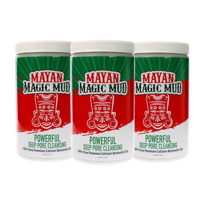 Mayan Magic Mud- Premium Indian Healing Clay- Powerful Deep Pore Cleansing Facial and Body Mask- 100% Pure Calcium Bentonite Clay- Treat Acne Breakouts, Blackheads, Oily Skin- 3 Pack (32 Oz Each)