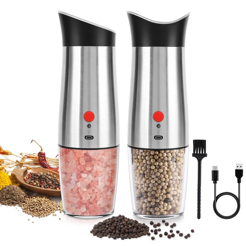 PAISHENKEJI Electric Salt and Pepper Grinder Set  for Gravity Automatic Sea Salt Grinder Set Spice Pepper Shakers with Adjustable Coarseness USB Rechargeable Battery Power Peppercorn Mill 