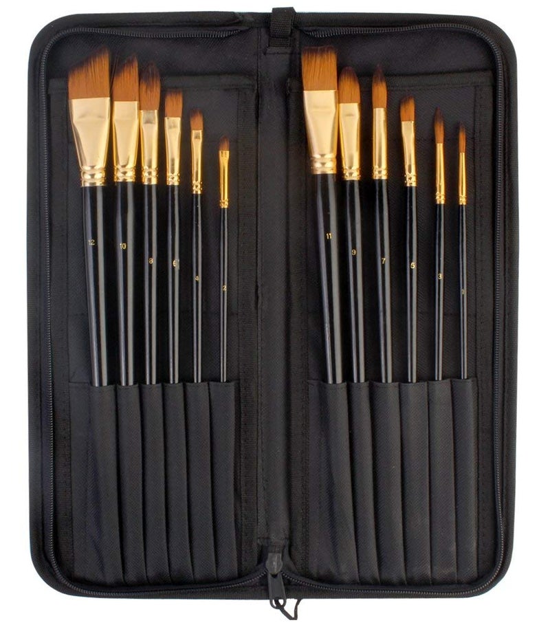 Qatalitic Set of 12 Professional & Exclusive Fine Art Long Handled Premium Paint Brush Set + Zippered Carry Bag with Pop Up Stand for Oil Acrylic Watercolor Painting - Image 1