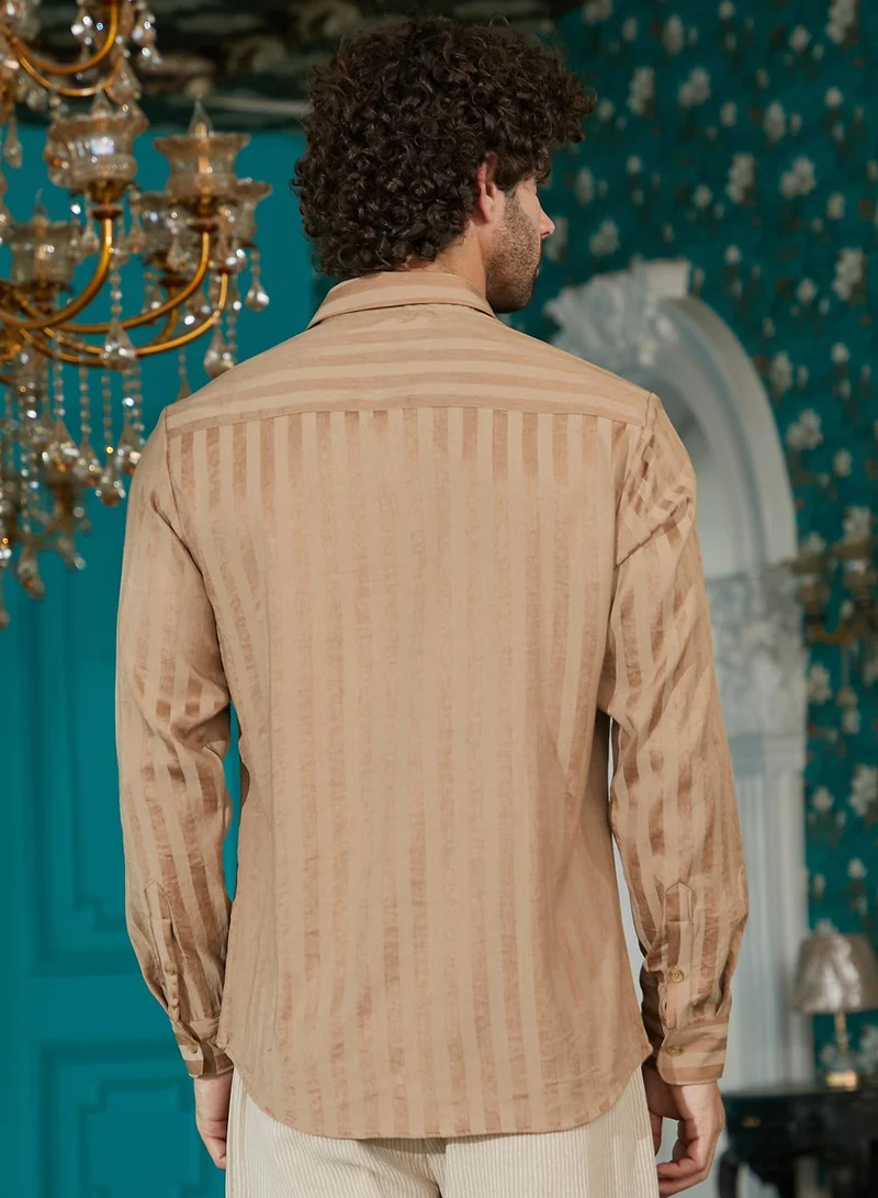 Campus Sutra Men's Tan Brown Candy-Striped Shirt