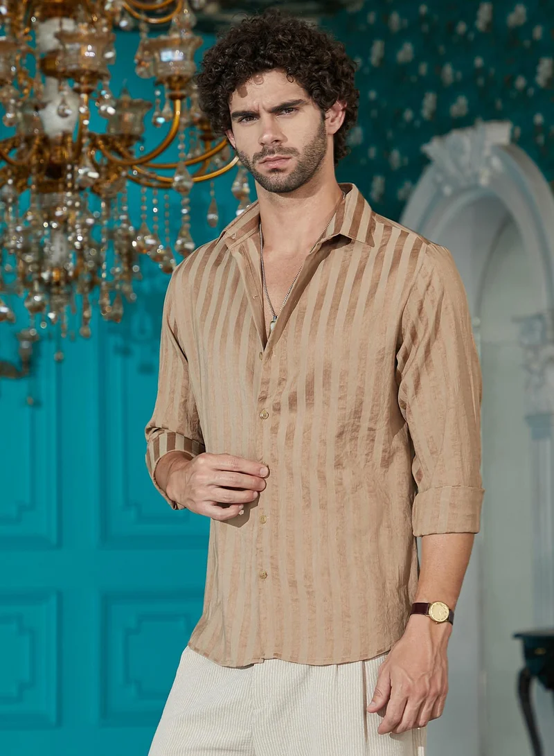 Campus Sutra Men's Tan Brown Candy-Striped Shirt