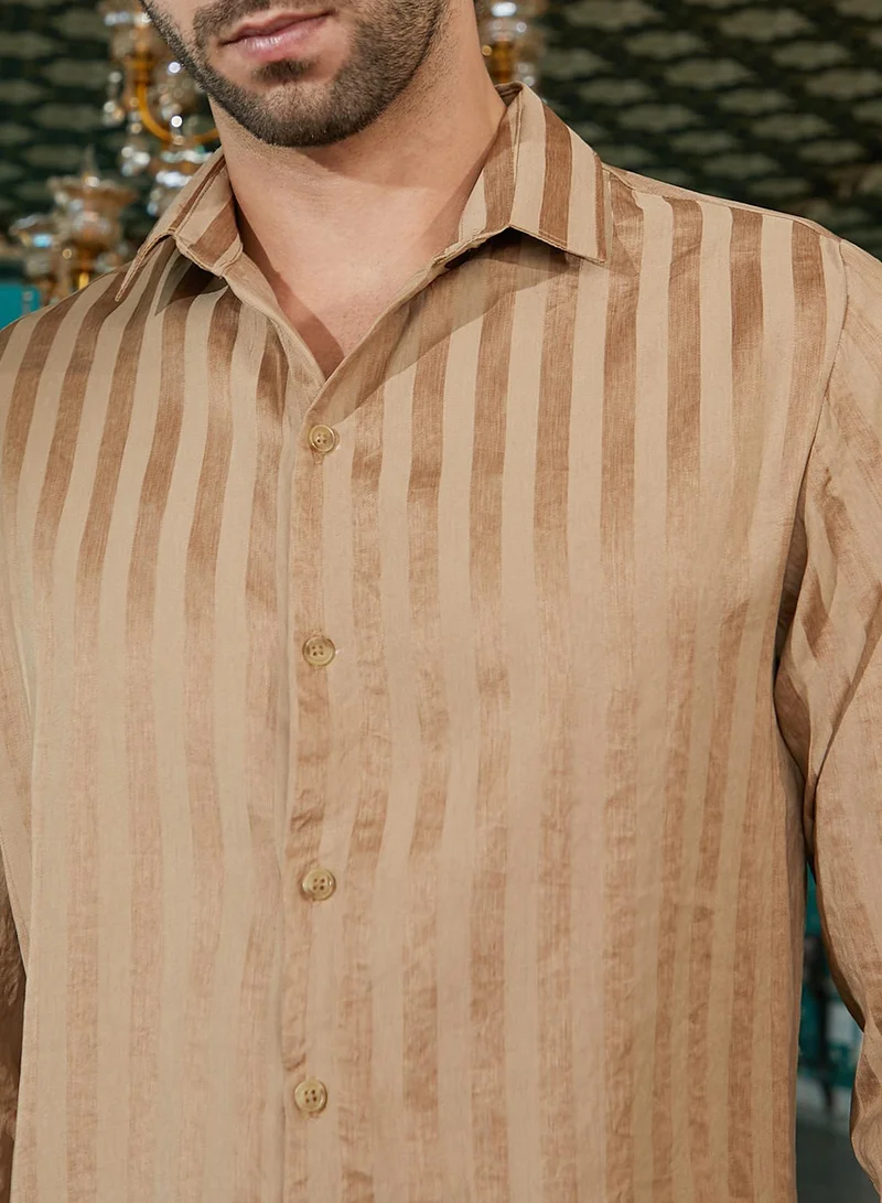 Campus Sutra Men's Tan Brown Candy-Striped Shirt