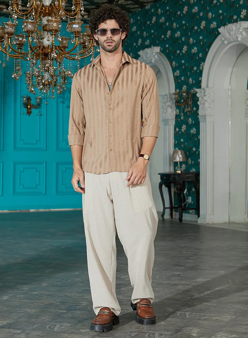 Campus Sutra Men's Tan Brown Candy-Striped Shirt