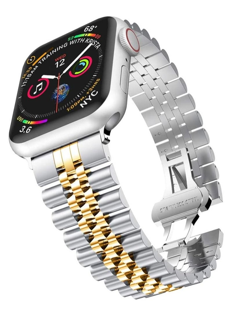 Caviar Compatible with Apple Watch Band 41mm 40mm 38mm, iWatch SE& Series 7 6 Band Replacement Stainless Steel Strap with Butterfly Folding Clasp Silver/Gold, 41mm/40mm/38mm - Image 1