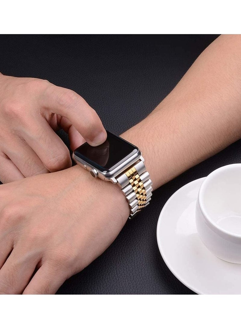 Caviar Compatible with Apple Watch Band 41mm 40mm 38mm, iWatch SE& Series 7 6 Band Replacement Stainless Steel Strap with Butterfly Folding Clasp Silver/Gold, 41mm/40mm/38mm - Image 4