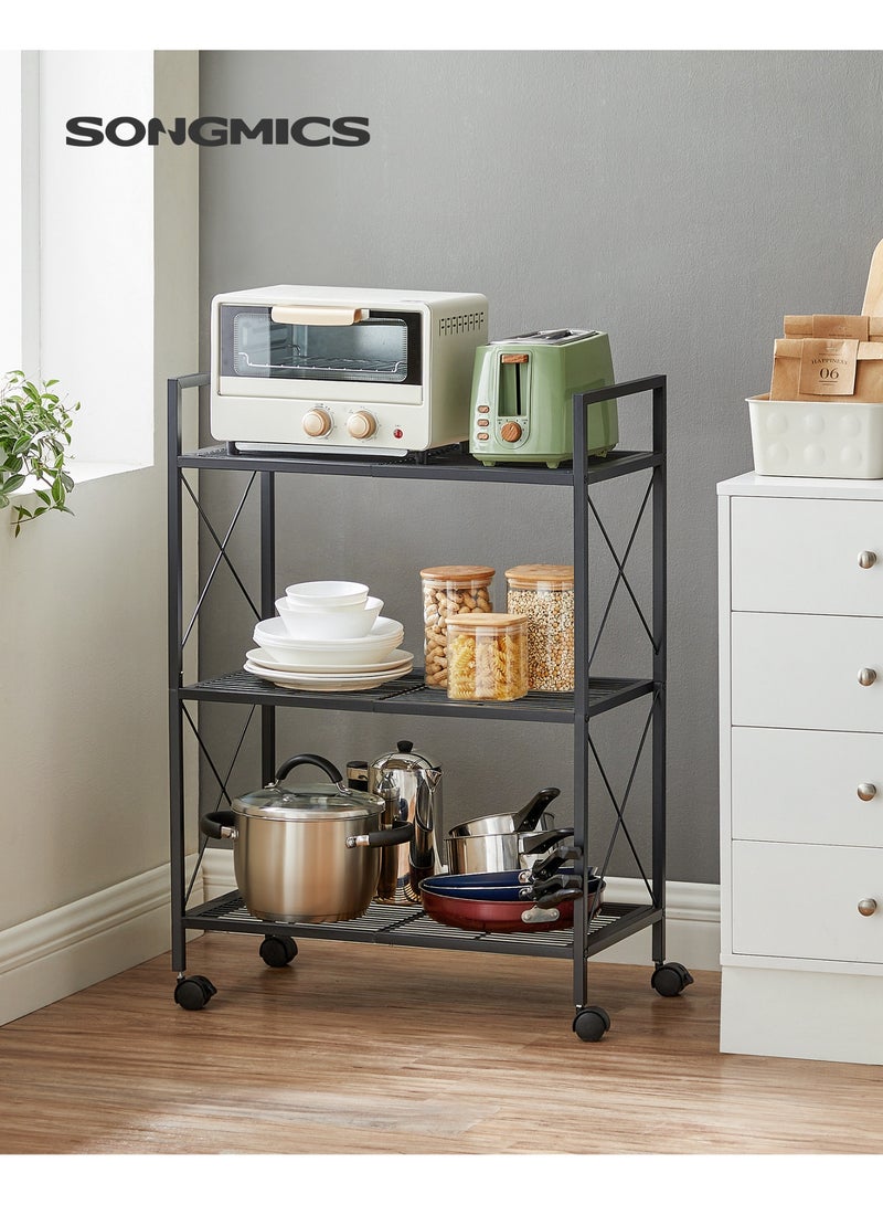 SONGMICS 3-Tier Metal Storage Rack with Wheels, Mesh Shelving Unit with X Side Frames, 23.6-Inch Width, for Entryway, Kitchen, Living Room, Bathroom, Industrial Style, Black - Image 2
