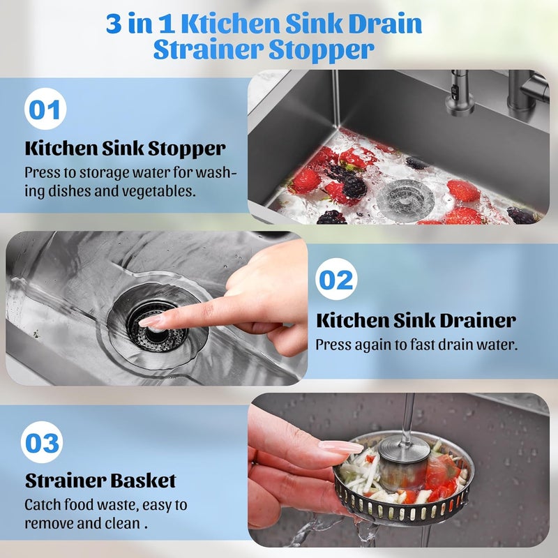 NinjaTiger Kitchen Sink Drain Strainer - 3-in-1 Stainless Steel Pop Up Sink Stopper Anti-Clogging Sink Strainer Basket Sink Drainer Filter Plug for US Standard 3-1/2'' Sink Drain | Gunmetal Gray - Image 2