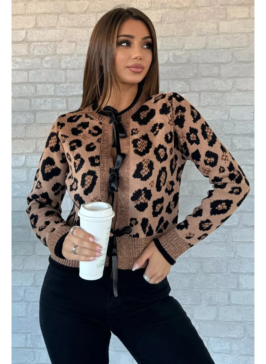 Gülseli Rose Leopard Patterned Ribbon Detailed Knitwear Jacket