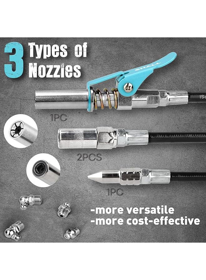 SHALL Grease Gun, 7000 Psi Heavy Duty Pistol Grip Grease Gun Kit W/Grease Gun Coupler, 18” Spring Flex Hose, Reinforced Coupler, 2 Extension Rigid Pipe, Sharp Nozzle, Fittings Cleaner | 14Oz Load  - Image 5