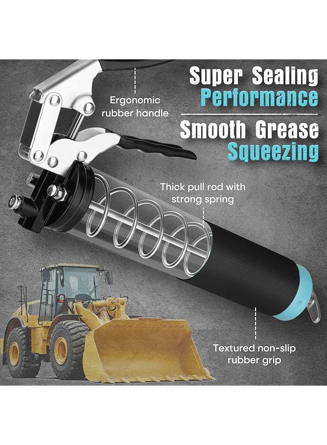 SHALL Grease Gun, 7000 Psi Heavy Duty Pistol Grip Grease Gun Kit W/Grease Gun Coupler, 18” Spring Flex Hose, Reinforced Coupler, 2 Extension Rigid Pipe, Sharp Nozzle, Fittings Cleaner | 14Oz Load  - Image 3