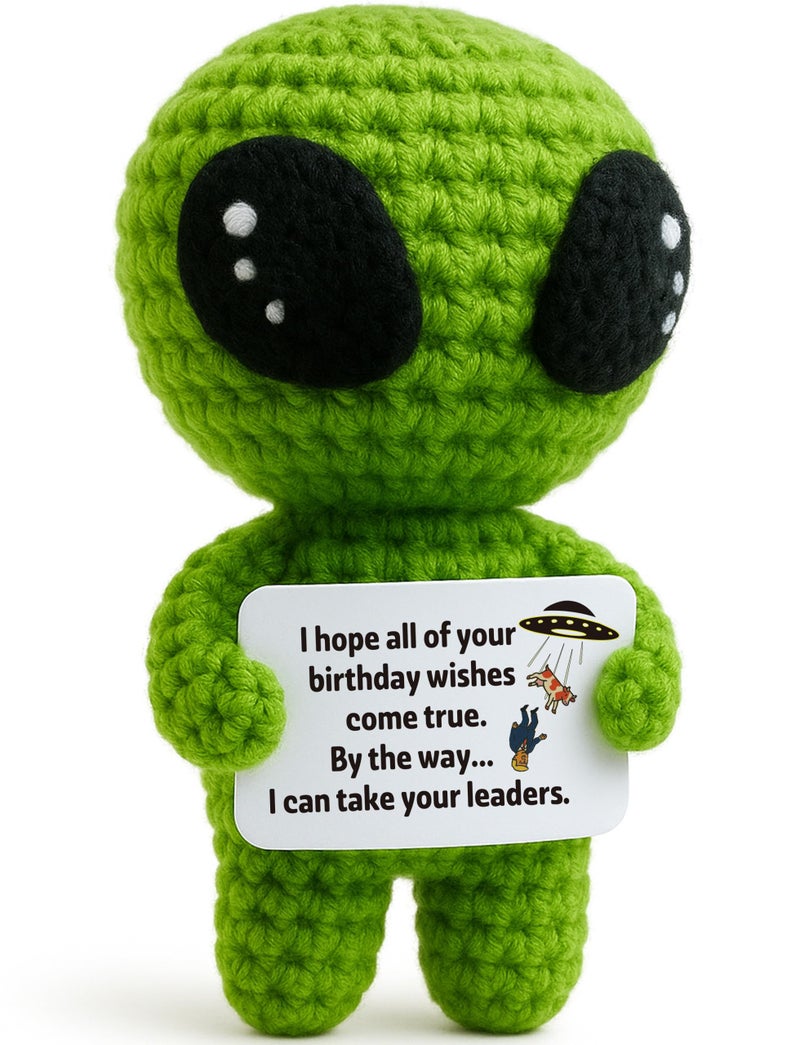 MAMAGIFTREE Funny Birthday Gift for Women Men Coworker, Friend, Boss, Adult, Hilarious Gag Bday Crochet Alien with a Sarcastic Message Card, Office Decor for Her Him - Image 1