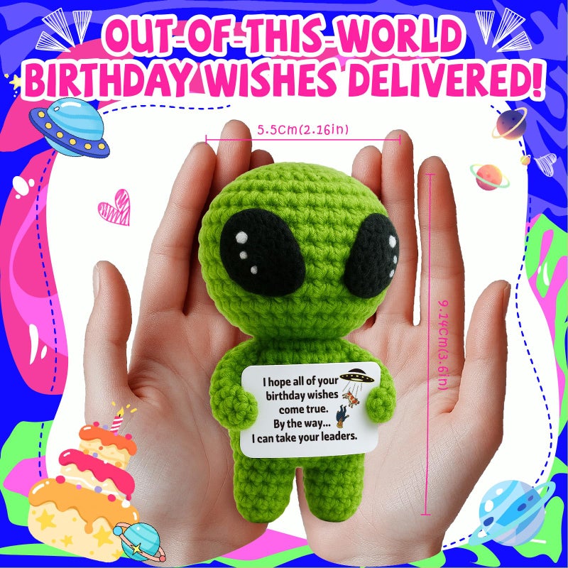 MAMAGIFTREE Funny Birthday Gift for Women Men Coworker, Friend, Boss, Adult, Hilarious Gag Bday Crochet Alien with a Sarcastic Message Card, Office Decor for Her Him - Image 5