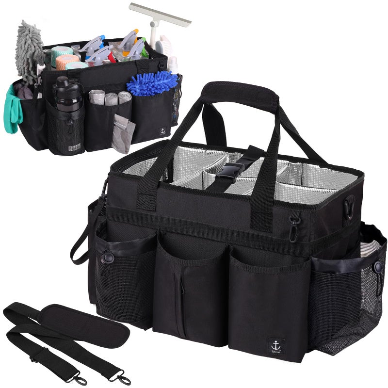 Timoxi Large Wearable Cleaning Caddy Bag with Detachable Divider Cleaning Organizer with Handles Cleaning Supply Tote with Adjustable Shoulder StrapWaist Belt for Cleaners Housekeeper Black - Image 2