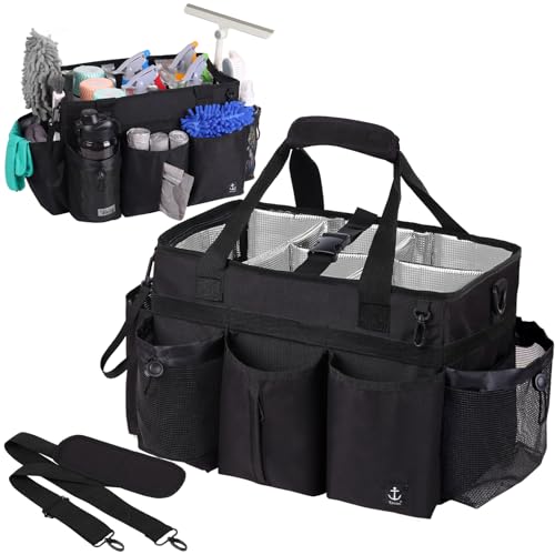 Timoxi Large Wearable Cleaning Caddy Bag with Detachable Divider Cleaning Organizer with Handles Cleaning Supply Tote with Adjustable Shoulder StrapWaist Belt for Cleaners Housekeeper Black - Image 1