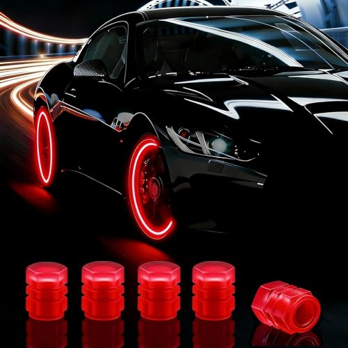 MUMUMAB 20 Pcs Glow in The Dark Tire Valve Caps Fluorescent Tire Valve Stem Caps, Cool Car Present for Universal Decoration Accessories for Car SUV Bicycle Motorcycles Trucks (Red) - Image 1