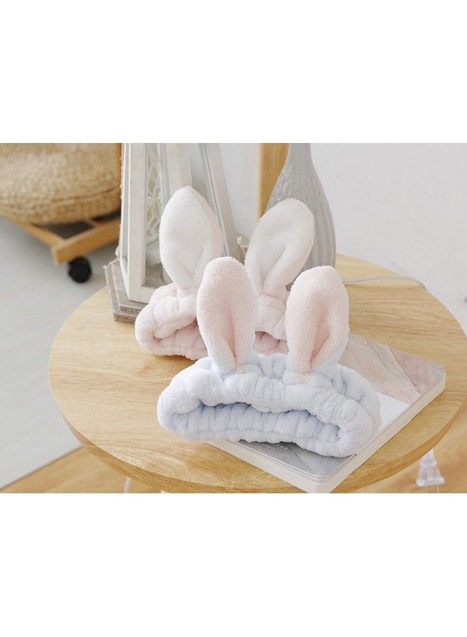 bouti1583 Women Fashion Soft Flannel Bunny Ear Makeup Cosmetic Shower Elastic Headband 2Pcs - Image 3