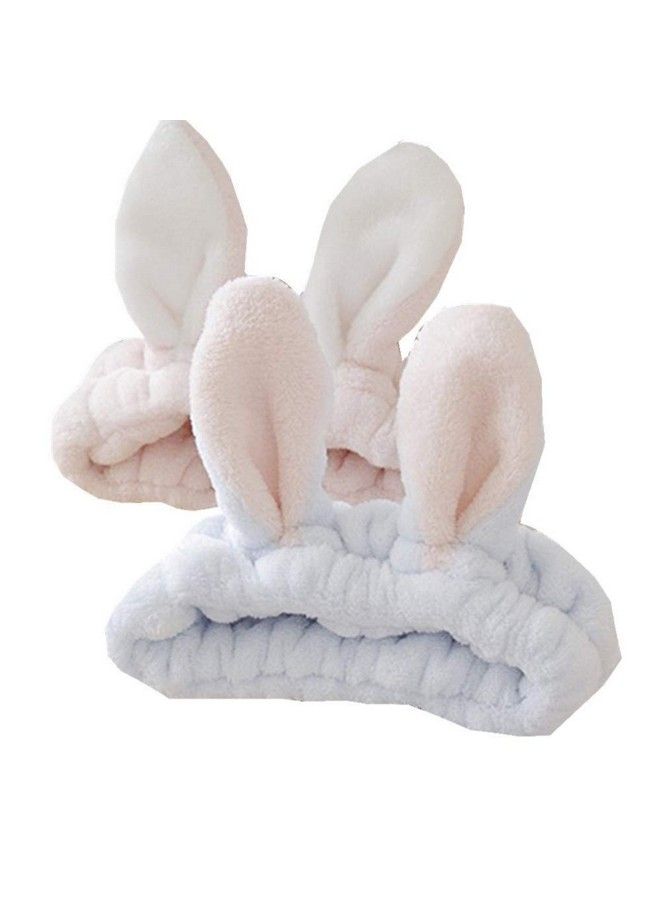 bouti1583 Women Fashion Soft Flannel Bunny Ear Makeup Cosmetic Shower Elastic Headband 2Pcs - Image 2