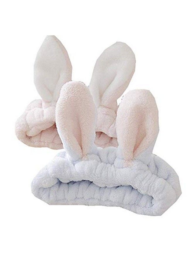 bouti1583 Women Fashion Soft Flannel Bunny Ear Makeup Cosmetic Shower Elastic Headband 2Pcs - Image 1