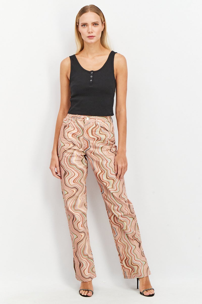 NA-KD Women Straight Fit Side Slit Allover Print Non Stretchable Jeans, Beige Combo - Image 4