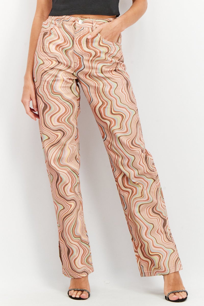 NA-KD Women Straight Fit Side Slit Allover Print Non Stretchable Jeans, Beige Combo - Image 1