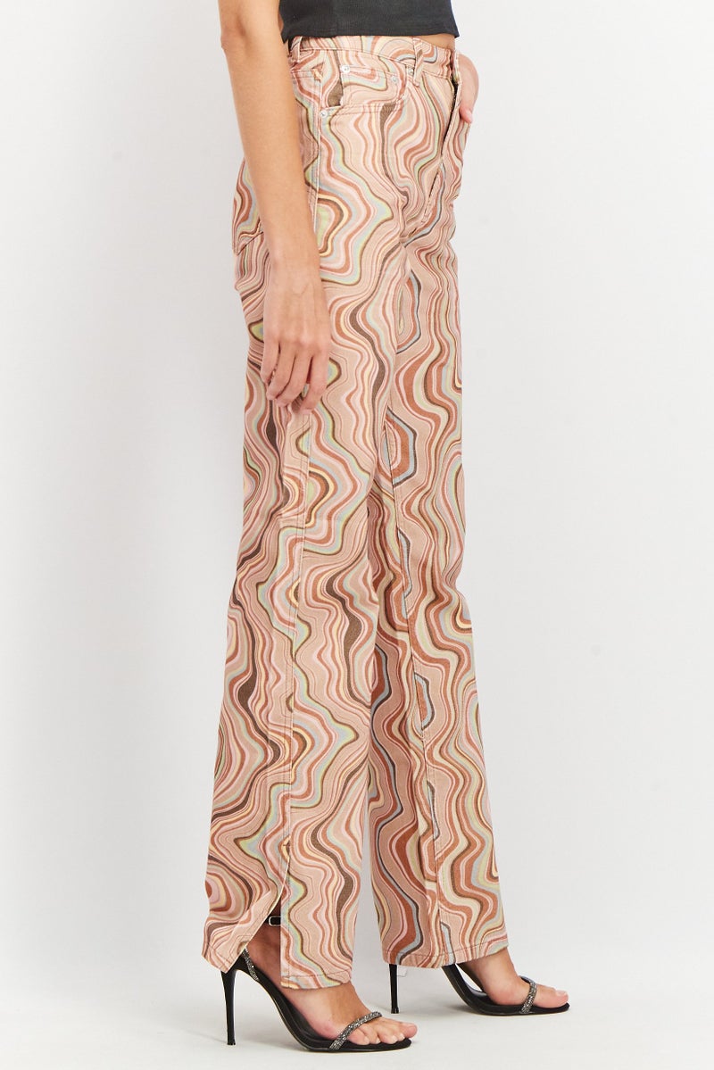 NA-KD Women Straight Fit Side Slit Allover Print Non Stretchable Jeans, Beige Combo - Image 2