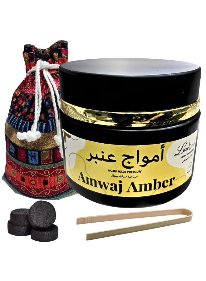 Luxebevy Amwaj Amber Bakhoor (140g) Includes Tongs – Authentic Arabic Bakhoor Incense for Long-Lasting Fragrance – Use with Bukhoor Burner/Incense Burner, Meditation & Relaxation – Ramadan & Eid Gifts - Image 1