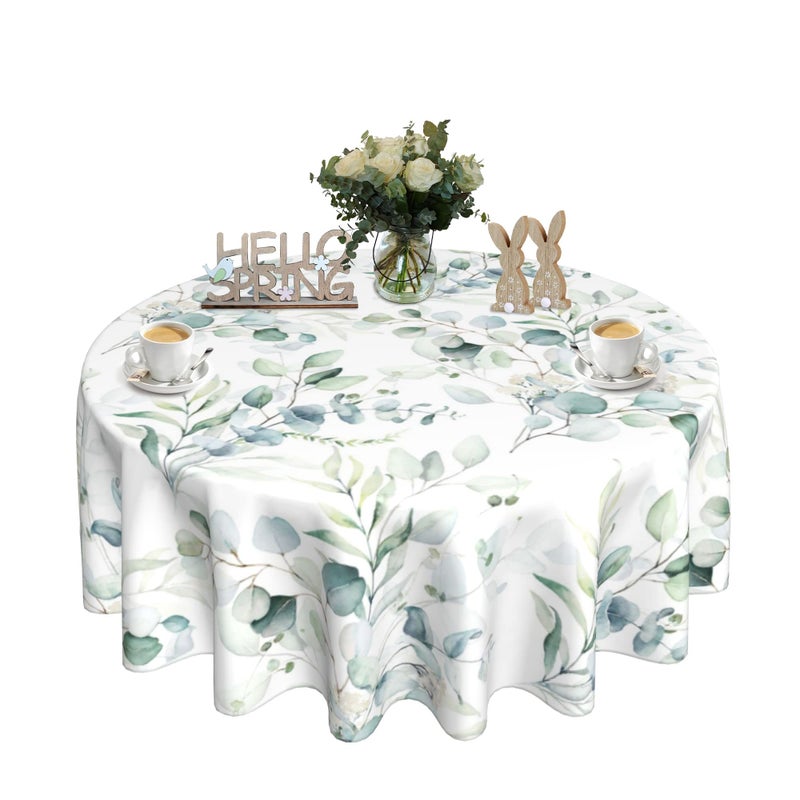 SuQKXCo Spring Eucalyptus Leaves Round Tablecloth 60 Inch Summer Tablecover Waterproof Table Cloth for Kitchen Home Decoration, Elegant Green Leaf Tablecloth - Image 1