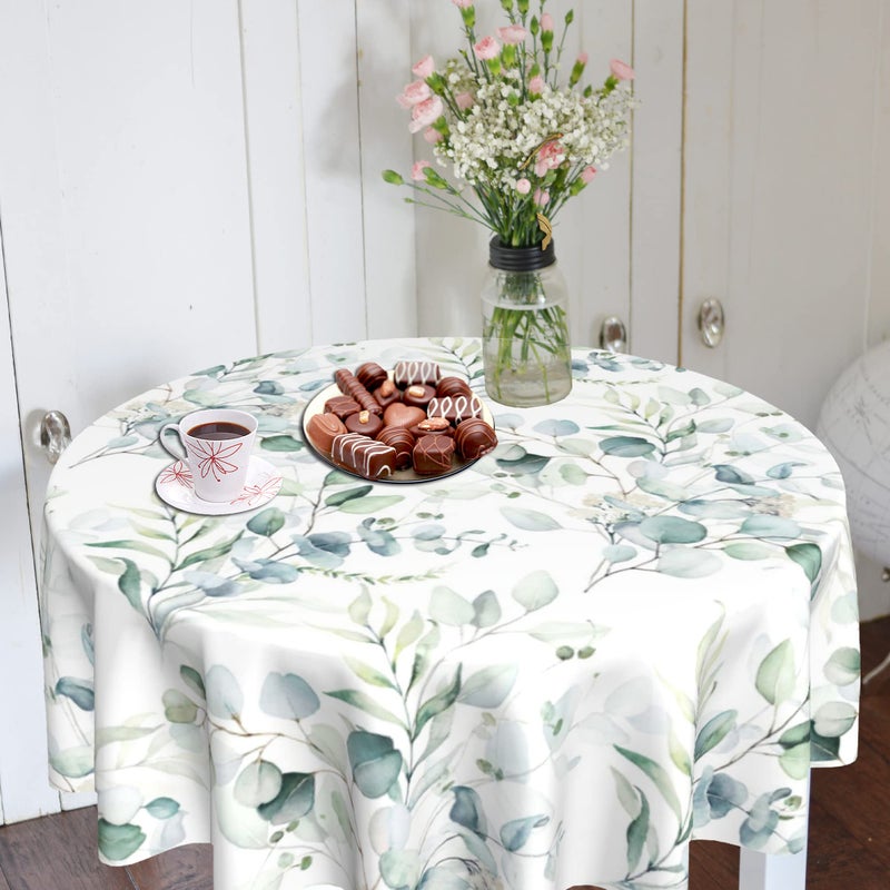 SuQKXCo Spring Eucalyptus Leaves Round Tablecloth 60 Inch Summer Tablecover Waterproof Table Cloth for Kitchen Home Decoration, Elegant Green Leaf Tablecloth - Image 3