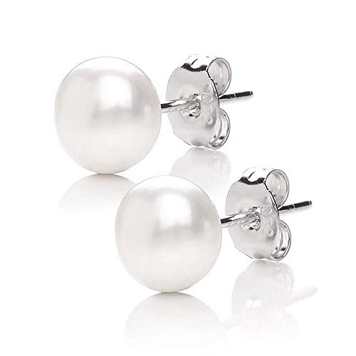 MABELLA 925 Sterling Silver AAA Genuine Freshwater Cultured Pearl White Button Stud Earrings Jewelry Gifts for Women 9mm - Image 1