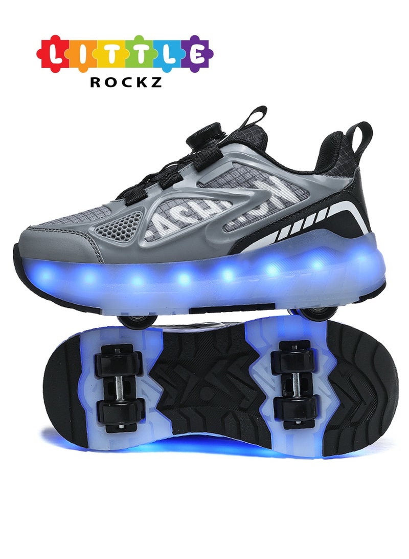 LITTLE ROCKZ Kids Four Wheel Roller Shoes Rechargeable LED Flash Light Sneaker Skate Heelys Shoes Black - Image 1