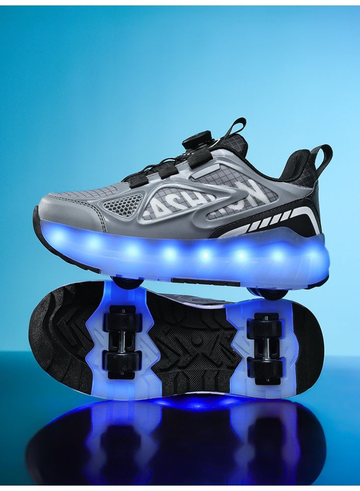LITTLE ROCKZ Kids Four Wheel Roller Shoes Rechargeable LED Flash Light Sneaker Skate Heelys Shoes Black - Image 2