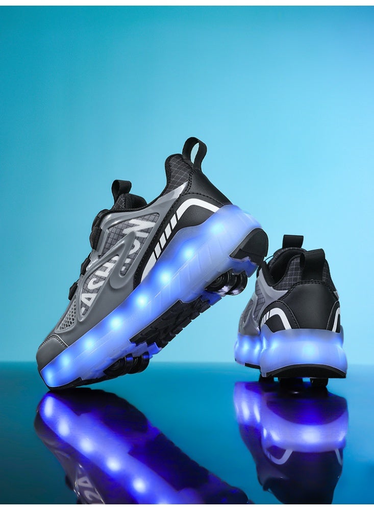 LITTLE ROCKZ Kids Four Wheel Roller Shoes Rechargeable LED Flash Light Sneaker Skate Heelys Shoes Black - Image 3