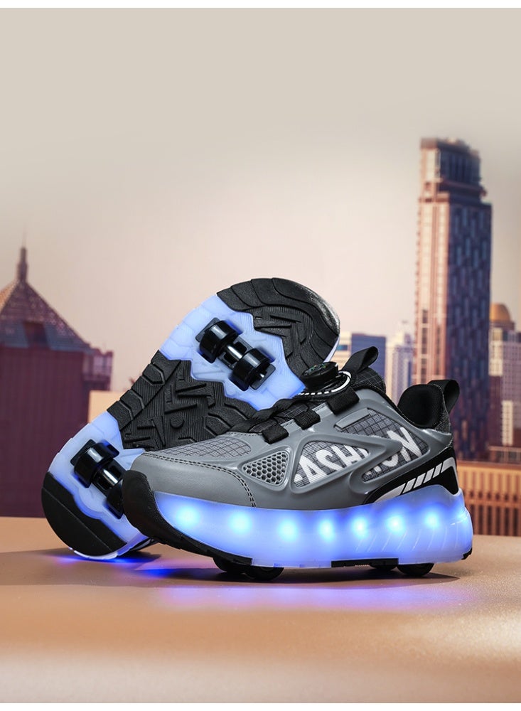 LITTLE ROCKZ Kids Four Wheel Roller Shoes Rechargeable LED Flash Light Sneaker Skate Heelys Shoes Black - Image 4