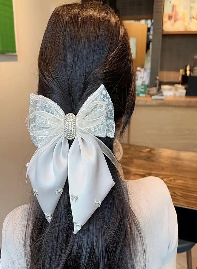 Ashkash 2 Pcs Satin Bowknot Hair Clips - Lace Splicing with Rhinestone Decor | Elegant Ponytail & Claw Clip Accessories for Women & Girls - Black, White & Off-White - Image 2