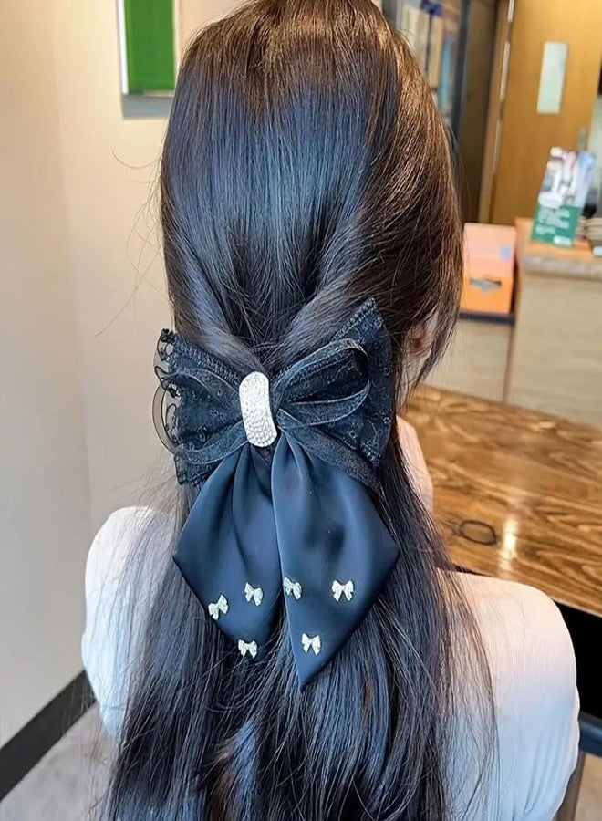 Ashkash 2 Pcs Satin Bowknot Hair Clips - Lace Splicing with Rhinestone Decor | Elegant Ponytail & Claw Clip Accessories for Women & Girls - Black, White & Off-White - Image 3