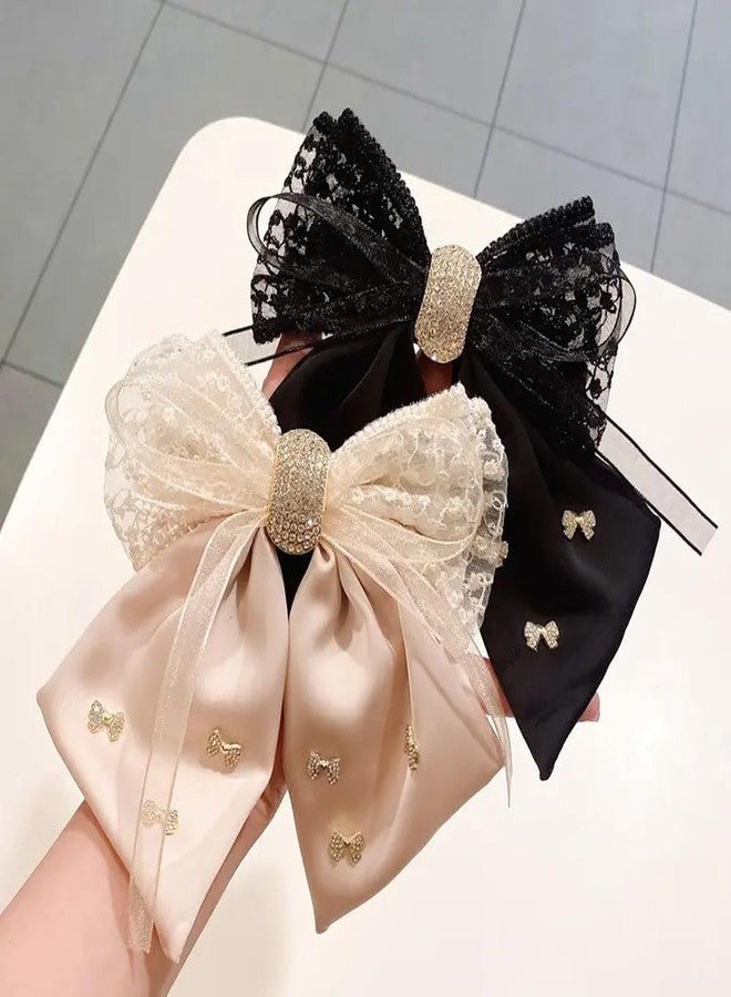 Ashkash 2 Pcs Satin Bowknot Hair Clips - Lace Splicing with Rhinestone Decor | Elegant Ponytail & Claw Clip Accessories for Women & Girls - Black, White & Off-White - Image 1