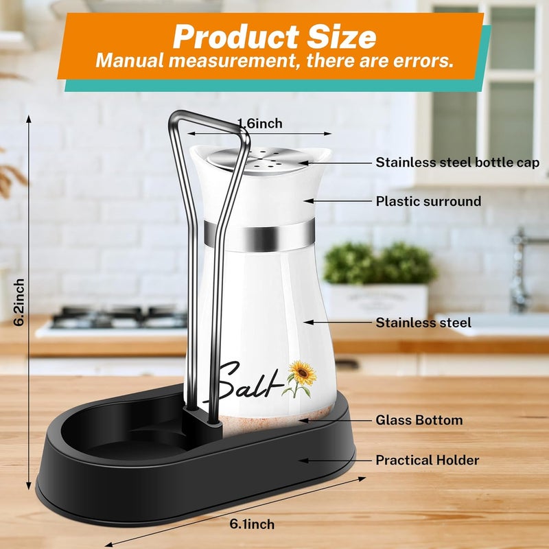 Arrozon Sunflower Salt and Pepper Shakers Set with Holder,4 oz Bottom Salt Shaker with Stainless Steel Lid for Kitchen Gadgets Cooking Table Housewarming Gift Christmas Decor Refillable Design (Black+White) - Image 2