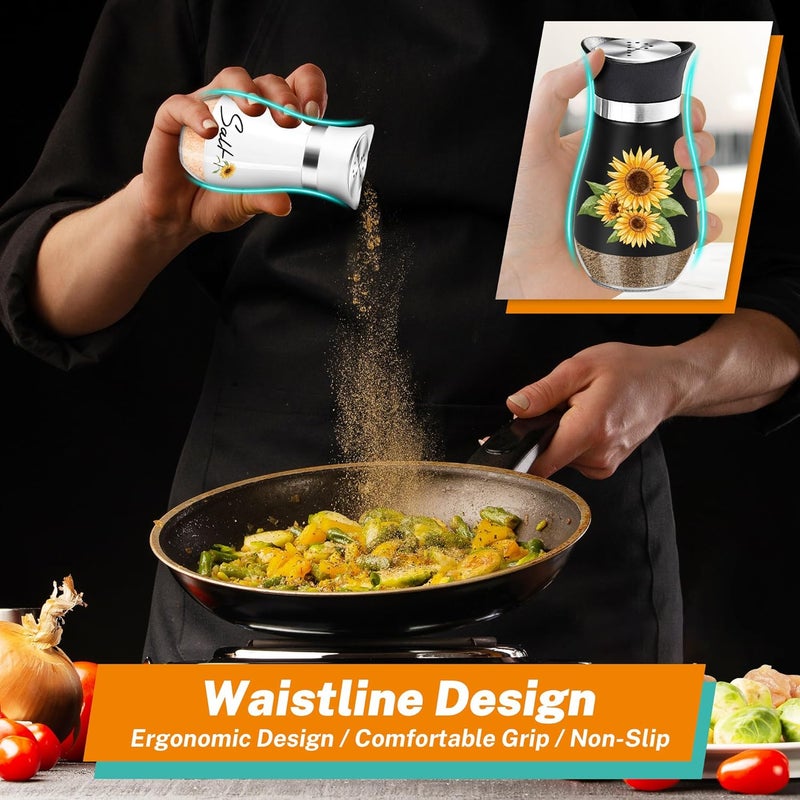 Arrozon Sunflower Salt and Pepper Shakers Set with Holder,4 oz Bottom Salt Shaker with Stainless Steel Lid for Kitchen Gadgets Cooking Table Housewarming Gift Christmas Decor Refillable Design (Black+White) - Image 5
