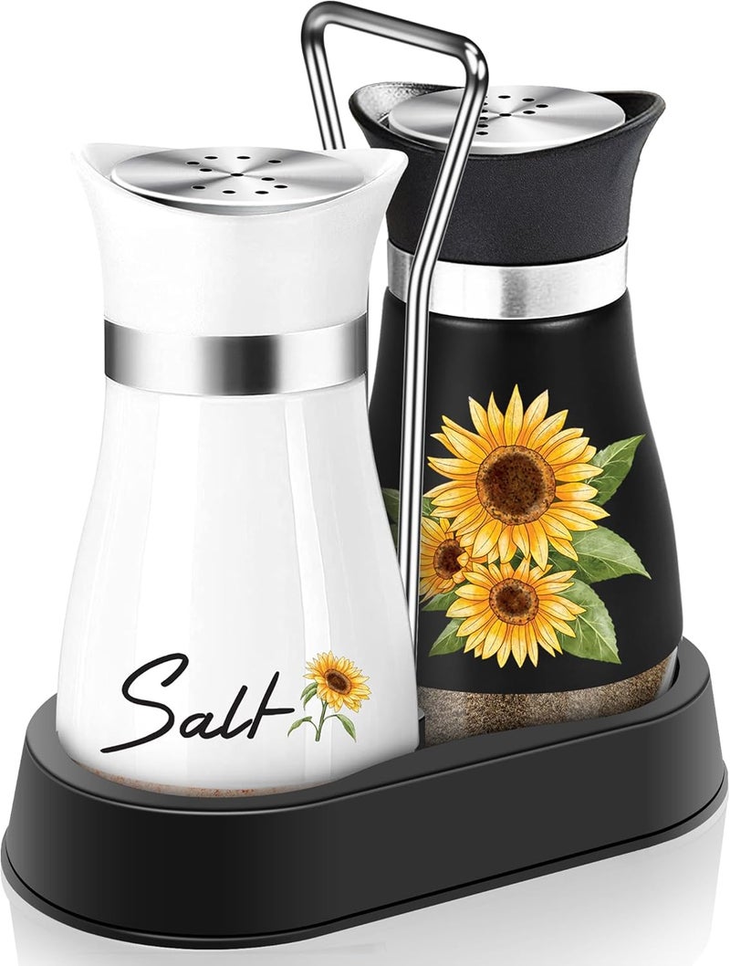 Arrozon Sunflower Salt and Pepper Shakers Set with Holder,4 oz Bottom Salt Shaker with Stainless Steel Lid for Kitchen Gadgets Cooking Table Housewarming Gift Christmas Decor Refillable Design (Black+White) - Image 1