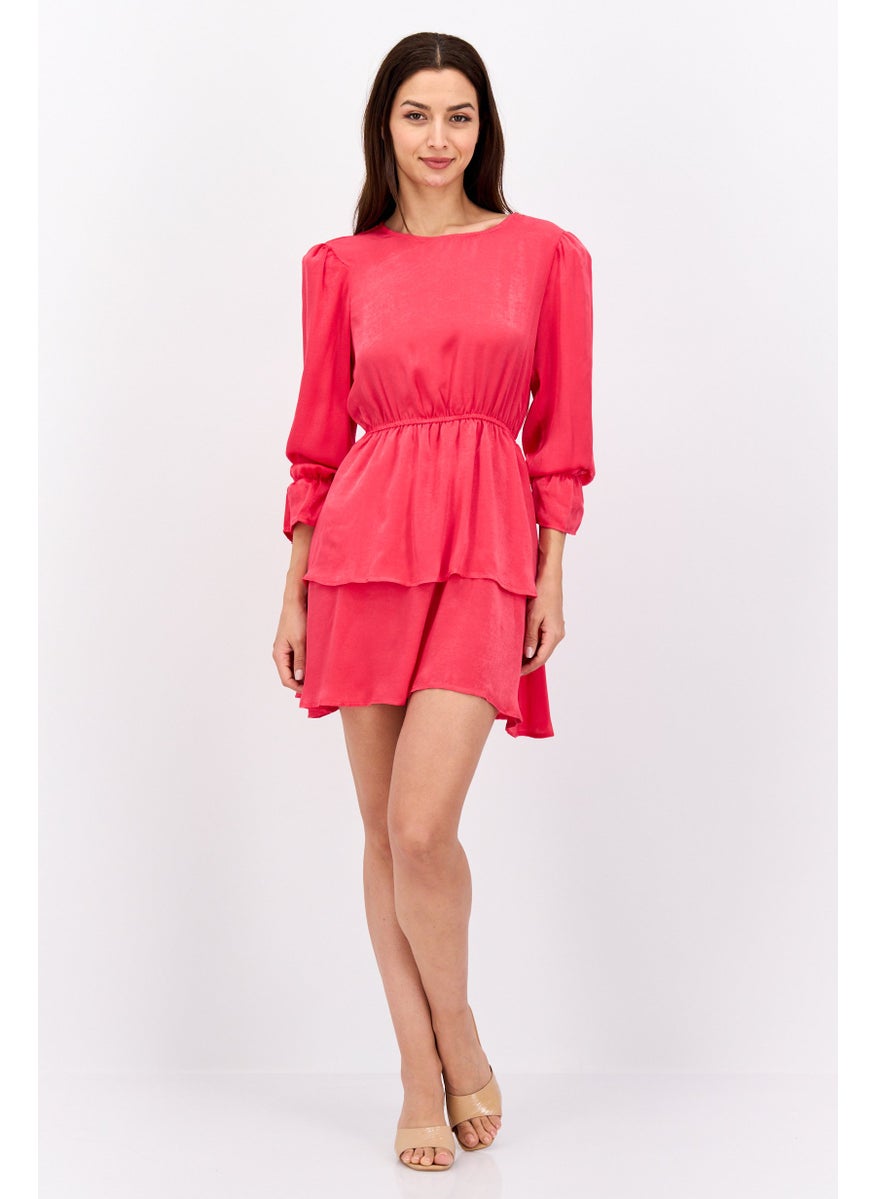 Flounce London - Women Petite Tiered Mini Dress, Neon Pink - Image 1