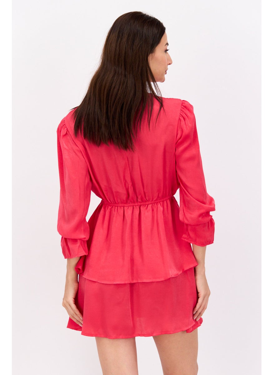 Flounce London - Women Petite Tiered Mini Dress, Neon Pink - Image 1