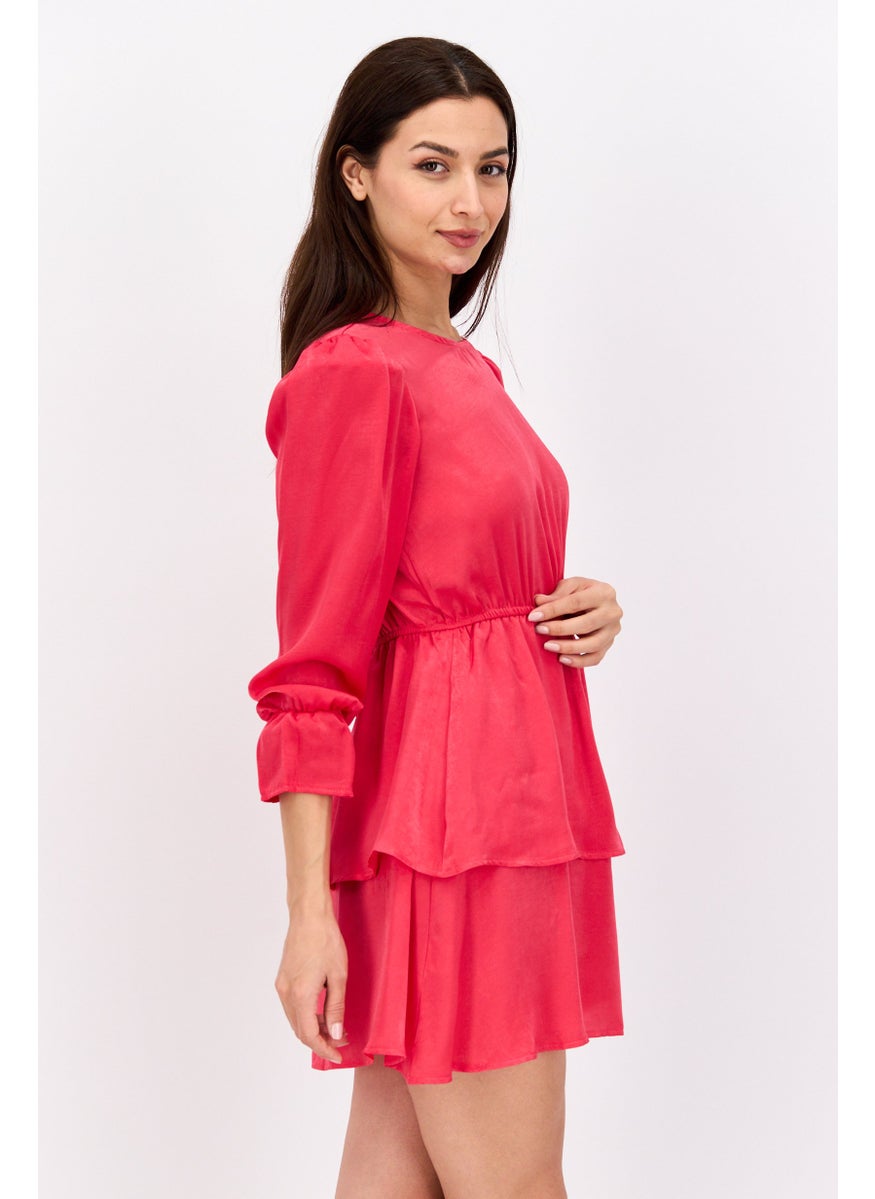 Flounce London - Women Petite Tiered Mini Dress, Neon Pink - Image 1