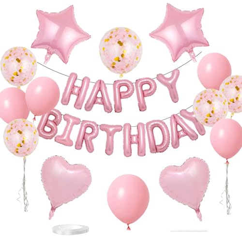 WEIKA 27 Pcs Pink Birthday Decorations 3D Foil Pink Happy Birthday Balloon Banner Pentagram Heart Foil Balloons Confetti Balloons Kit For Boys Girls Birthday Party Supplies - Image 1