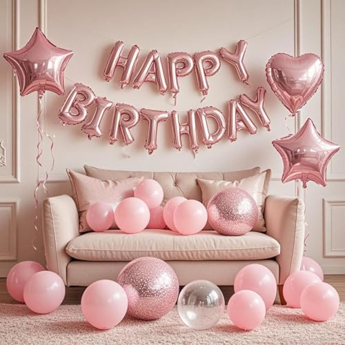 WEIKA 27 Pcs Pink Birthday Decorations 3D Foil Pink Happy Birthday Balloon Banner Pentagram Heart Foil Balloons Confetti Balloons Kit For Boys Girls Birthday Party Supplies - Image 5