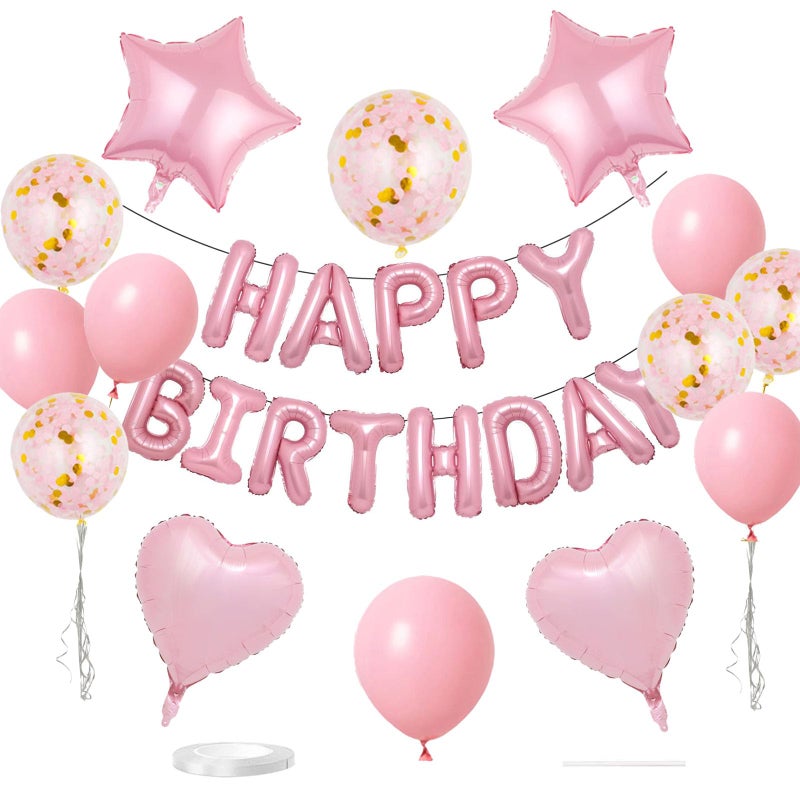 WEIKA 27 Pcs Pink Birthday Decorations 3D Foil Pink Happy Birthday Balloon Banner Pentagram Heart Foil Balloons Confetti Balloons Kit For Boys Girls Birthday Party Supplies - Image 3