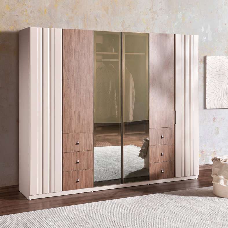 Pan Home GLADYS 6 DOOR WARDROBE WITH MIRROR - CREAM - Image 1