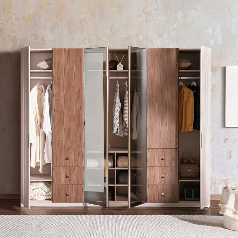 Pan Home GLADYS 6 DOOR WARDROBE WITH MIRROR - CREAM - Image 4