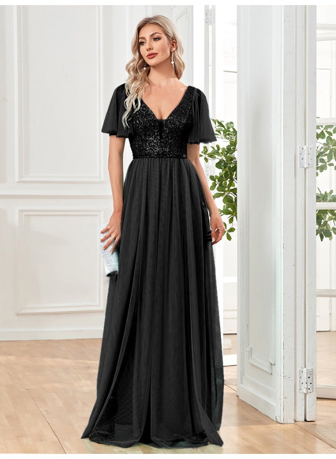 Madam Uniq Black V - Neck Maxi Evening Dress with Sequin Bodice and Flutter Sleeves  - Image 3